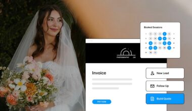 A bride holding a bouquet smiles, overlaid with graphics of an invoice, a booking calendar, and buttons for new lead, follow up, and build quote.
