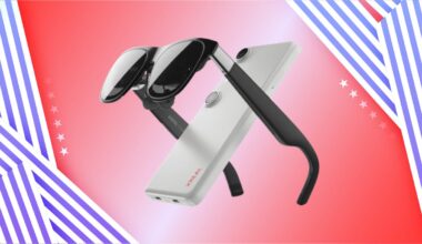 Xreal One Pro AR Glasses with Beam Pro controller against red gradient background