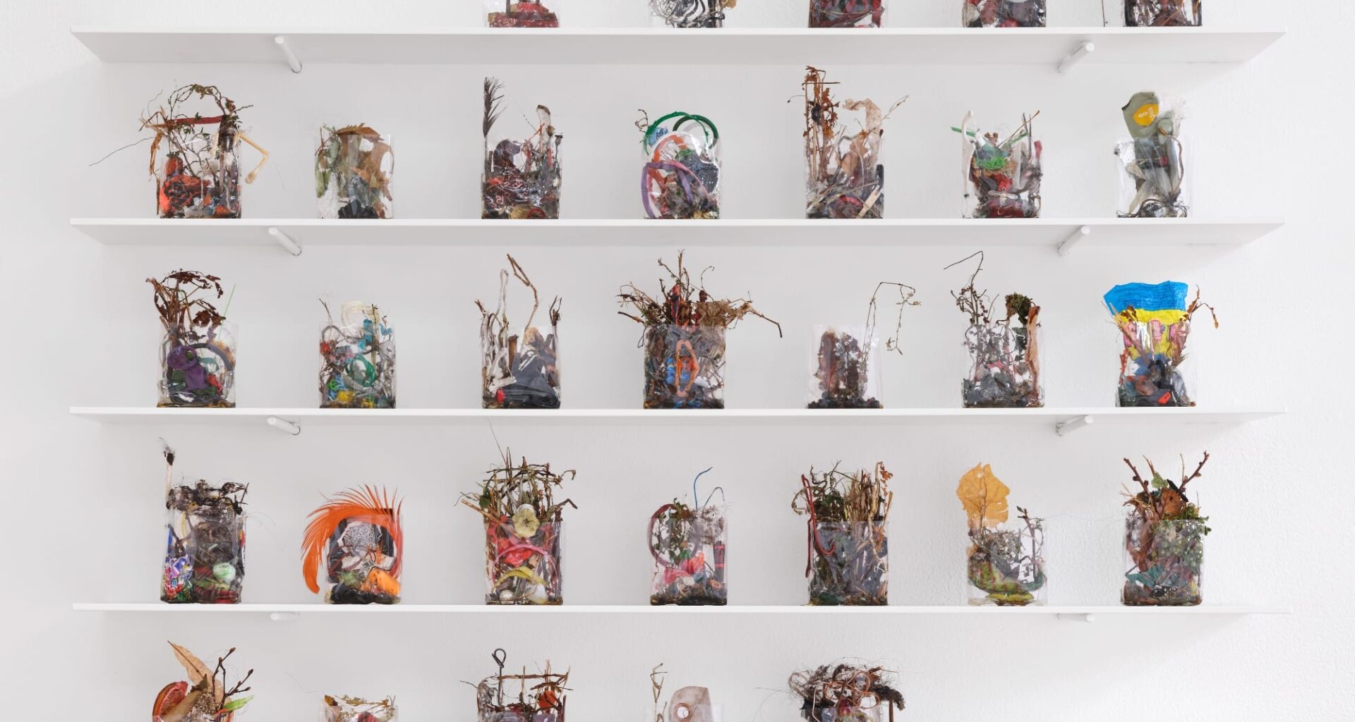 a collection of small ikebana-like sculptures in cellophane arranged like a month calendar on white shelves