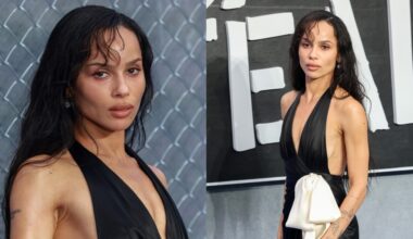 Zoë Kravitz wears a custom satin black and white Saint Lauren at the Caught Stealing U.K. premiere on Aug. 19, 2025 in London.