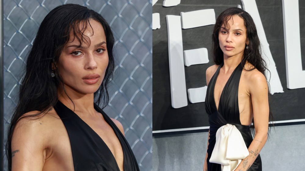 Zoë Kravitz wears a custom satin black and white Saint Lauren at the Caught Stealing U.K. premiere on Aug. 19, 2025 in London.