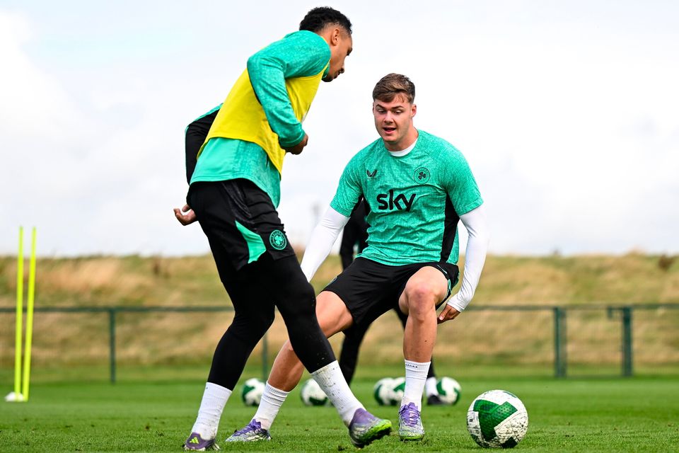Evan Ferguson and Adam Idah (left) during an Ireland training session at Abbotstown yesterday. Photo: Stephen McCarthy/Sportsfile