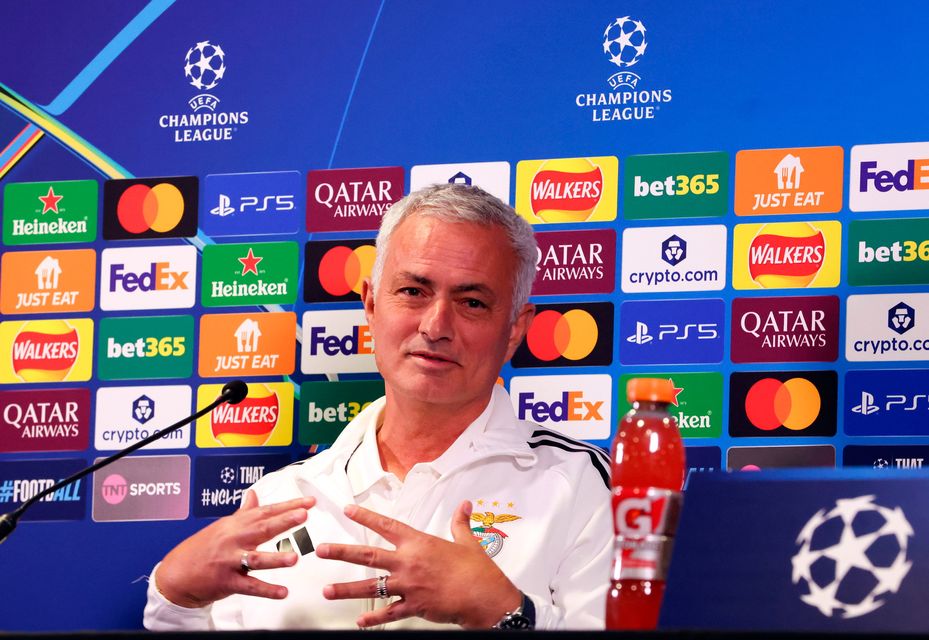 Benfica manager Jose Mourinho during a press conference at Stamford Bridge: Photo: Steven Paston/PA Wire.