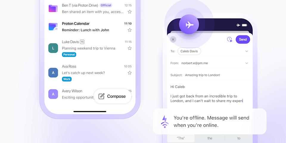 Two staggered screenshots of the new Proton Mail update's offline mode.