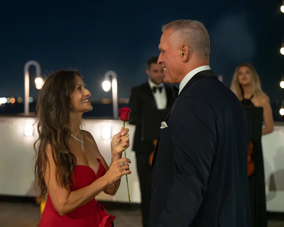 Mel Owens gives Cheryl a rose on their one-on-one date in the double-length season premiere of "The Golden Bachelor."