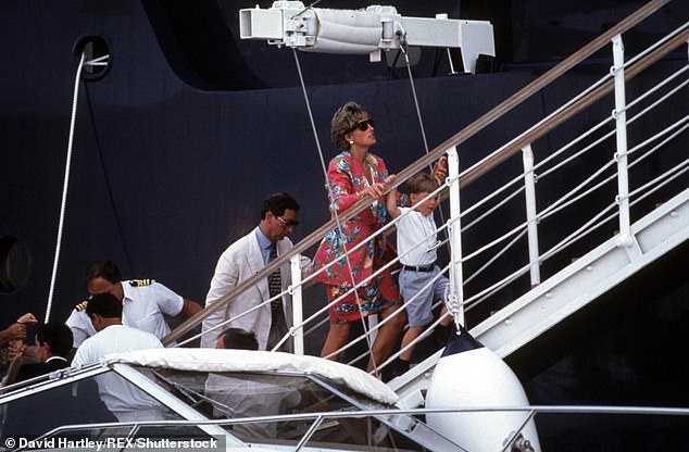 Prince Charles, Princess Diana and Prince William boarding the Alexander yacht during their 10th wedding anniversary holiday