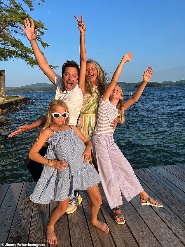 Jimmy Fallon, 50. shared a rare family photo with his wife, Nancy Juvonen, 58, and daughters Winnie 12, and Frances, 10 over the Labor Day weekend. 'This is before my sister-in-law said, ¿a little less.¿' he said