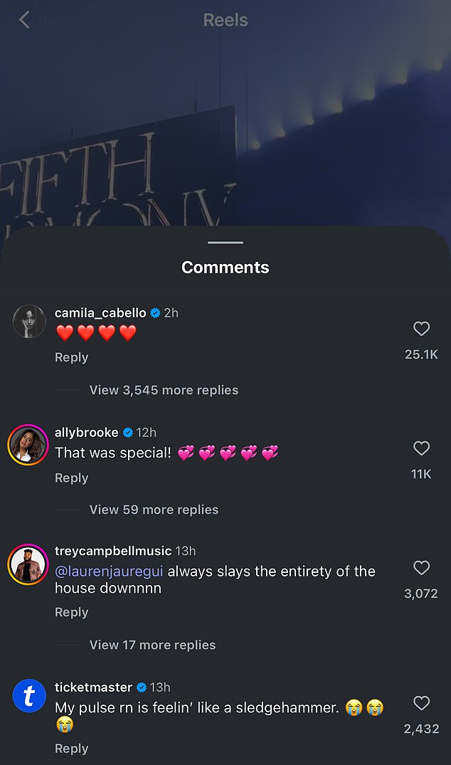 Camila was quick to show her support as she liked the group's posts and even commented one with four red heart emojis seemingly recognizing the four remaining members of the group