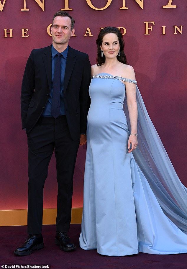 The glowing mum-to-be was also pictured with her husband, film producer Jasper Waller-Bridge for the event