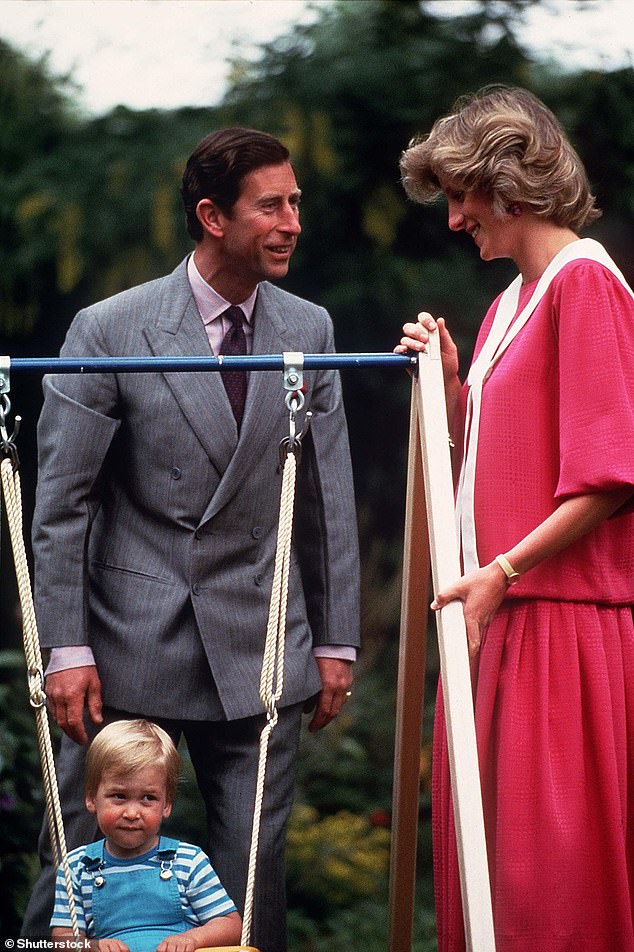 Prince Charles, Princess Diana and Prince William are pictured in June 1984, three months before Prince Harry was born