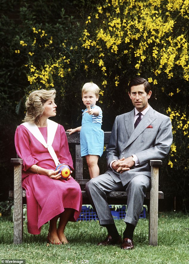 Charles and Diana, six months pregnant with Harry at the time, sit on a wooden bench during a photocall with their two-year old son, William