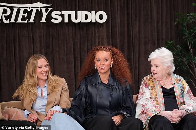 She beamed as she chatted to British actress Erin Kellyman, 26, (middle) and American sweetheart June Squibb, 95, (far right) with whom she worked with on the upcoming release
