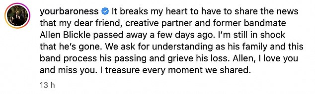 The band released a heartbreaking statement on social media to announce that Allen had passed away 'a few days ago'. His cause of death remains unknown
