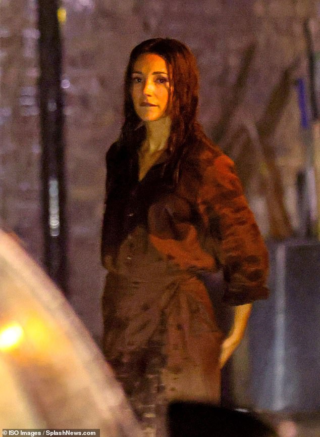 Returning to work for the first time since giving birth to her baby daughter Palma, the actress, 38, suffered a drenching in the pouring rain as she filmed the tense scenes