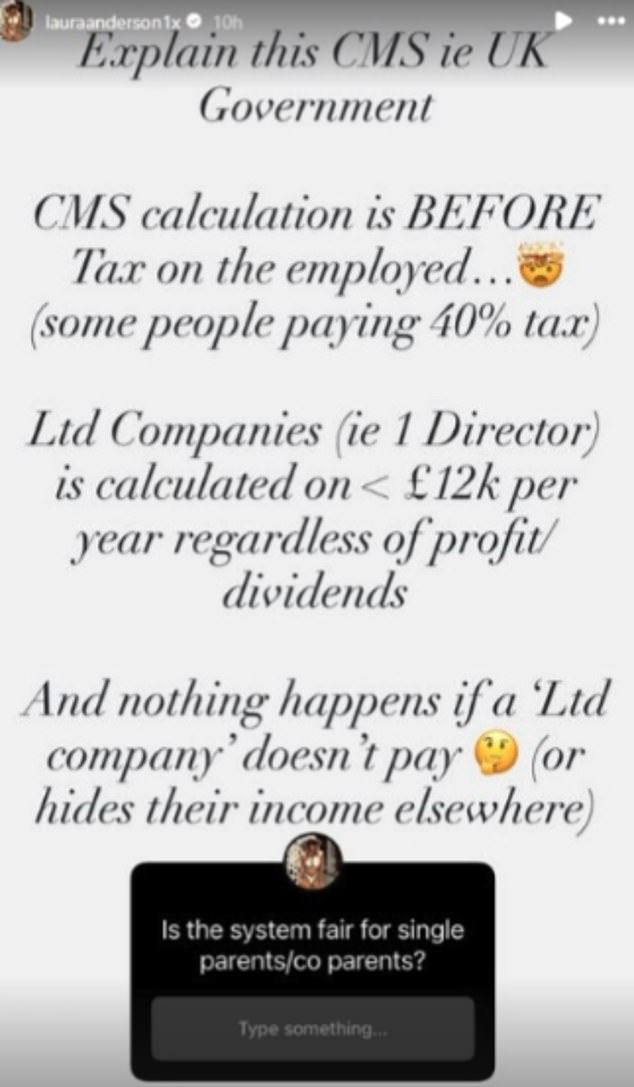It comes just days after Laura took to her own Stories with a post about fathers 'hiding their income'