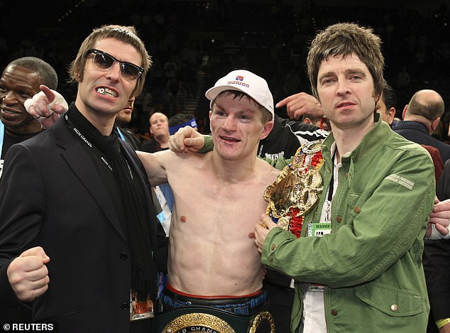 Noel and brother Liam (left) carried Hatton's belts to the ring ahead of his 2008 fight with Paulie Malignaggi in Las Vegas