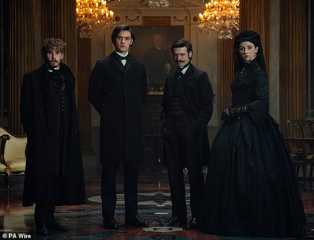 The gritty period drama tells the story of the legendary family behind the world-famous brewery, set against the backdrop of 19th-century Dublin and New York (Fionn O'Shea, Louis Partridge, Anthony Boyle and Emily Fairn pictured in the show)