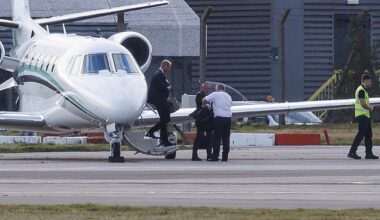Prince William steps off a private jet at Aberdeen Airport after landing on Tuesday afternoon