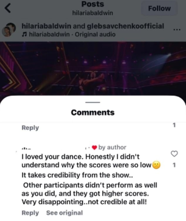 A Reddit user shared a screenshot of Baldwin's comment section, where one viewer had disparaged the other contestants as well as the scoring of the show - which Alec Baldwin's wife had apparently liked