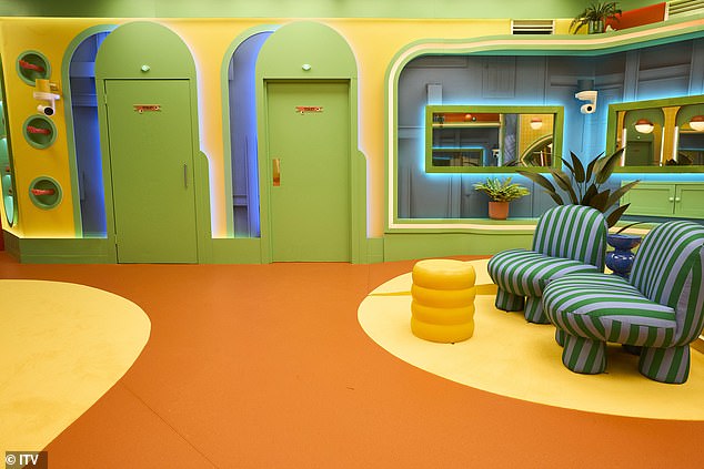 Elsewhere, a communal space is fitted with neon yellow flooring, striped blue chairs and vivid green doors