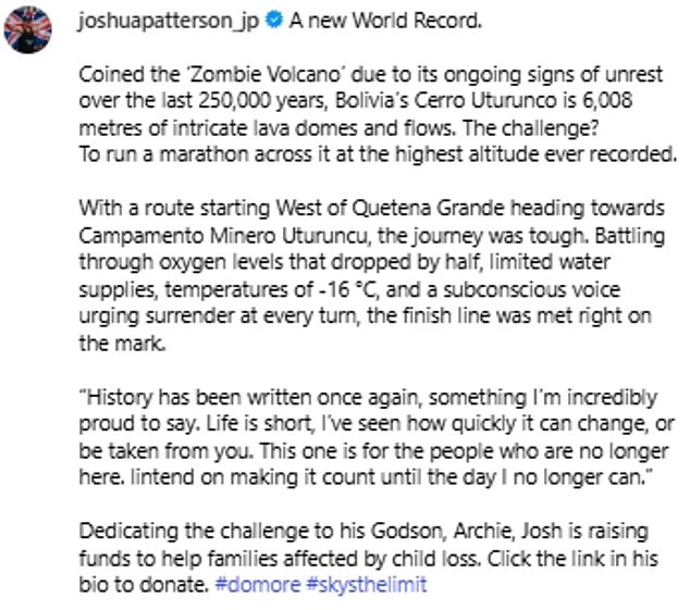 The record-breaking marathon saw Joshua complete the run across the volcano at the highest altitude ever recorded