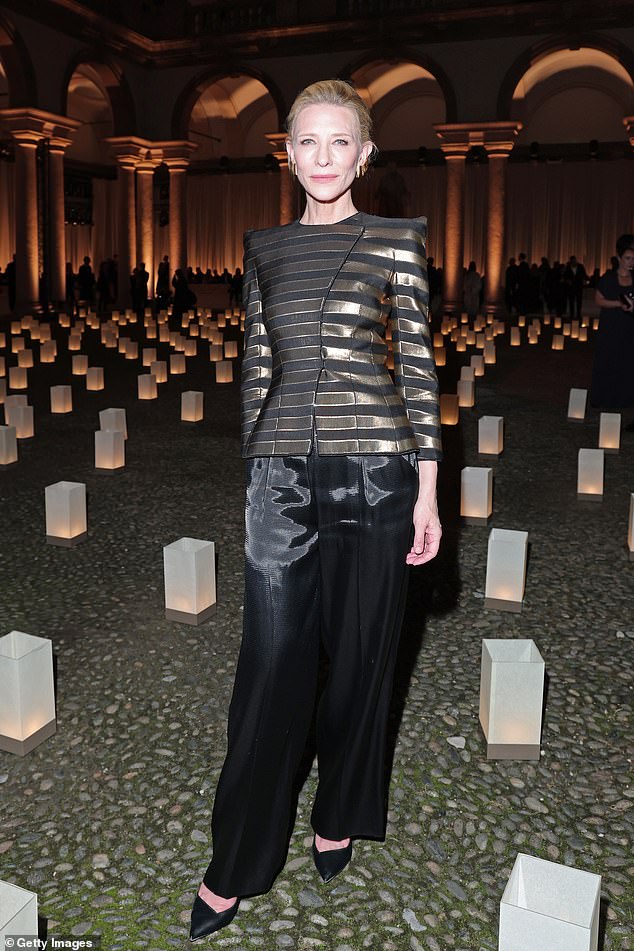 Cate Blanchett led the celebrities attending the Armani show during Milan Fashion Week on Sunday as they paid tribute to the late designer