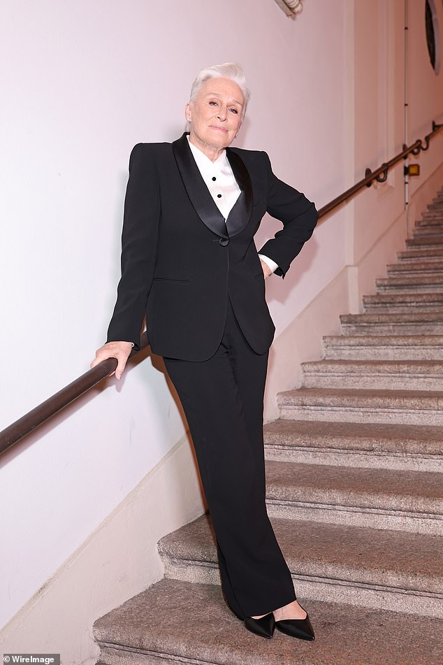 Glenn Close wore a black suit with a white silk shirt