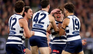Former Mayo defender Oisín Mullin scores his maiden AFL goal as Geelong Cats blitz Brisbane Lions