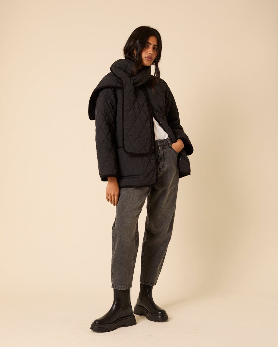 Black Quilted Detachable Scarf Coat