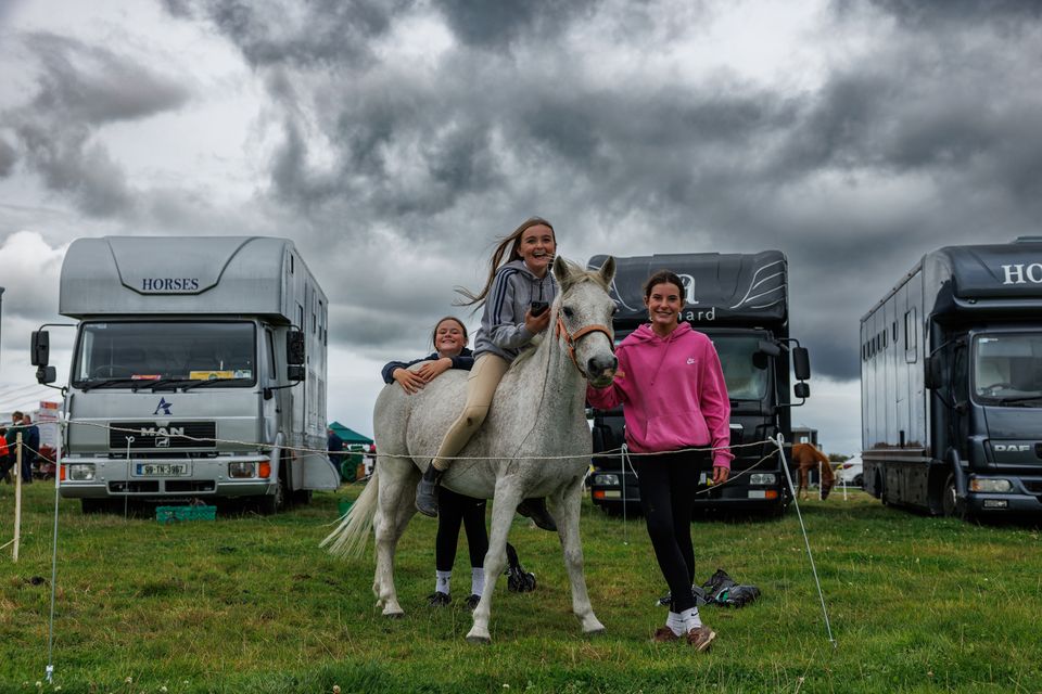 Faye Warren, Alanna Dillon, Clodagh Murphy with their pony Gerry at the National Ploughing Championships in Screggan, Tullamore, Co. Offaly. Pic:Mark Condren