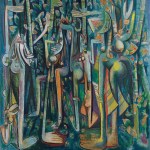 A square canvas with mostly blue and green hues showing fantastical figures half-hidden in dense stands of sugar cane
