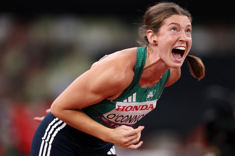 Kate O'Connor reacts after her first javelin throw, a new personal best. Photograph: Patrick Smith/Getty Images