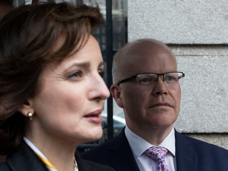 Presidential hopeful Maria Steen pictured with Aontú Leader Peadar Tóibín outside Leinster House earlier this month. Photograph: Sam Boal/Collins Photos 