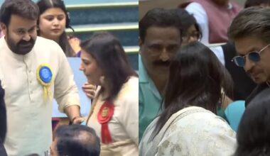 Shah Rukh Khan helping Suchitra as she takes the seat at the 71st National Film Awards ceremony. Photo: DD Malayalam