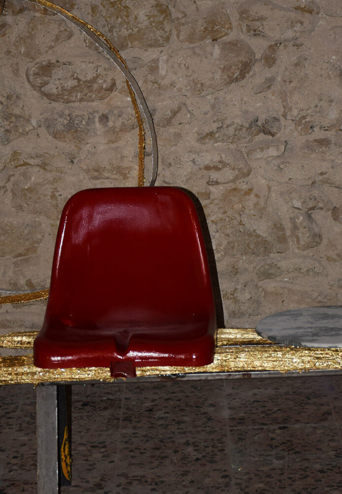 the exhibition PLAYDATE gathers objects including the Koutsombola (gossip bench), Balance Chair, Surrealist Side Table, and Totem