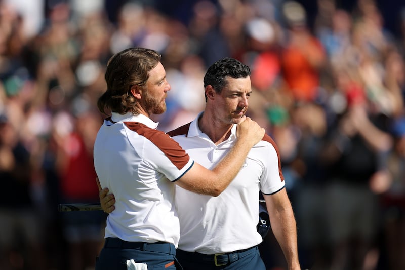 Europe's Rory McIlroy (right) and Tommy Fleetwood after winning their Saturday foursome match at the 2023 Ryder Cup in Rome. Photograph: Naomi Baker/Getty Images