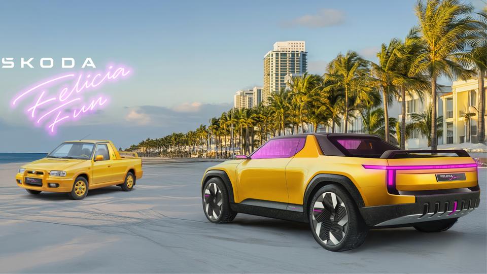 Text reads 'Skoda Felicia Fun' with the front of the '90s pickup and rear of the concept