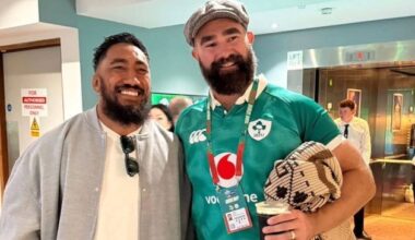 Irish rugby star Bundee Aki mingles with Jason Kelce at NFL showpiece in Croke Park