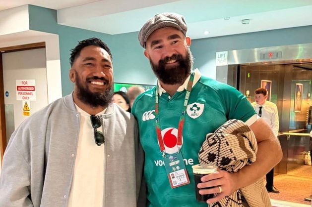 Irish rugby star Bundee Aki mingles with Jason Kelce at NFL showpiece in Croke Park
