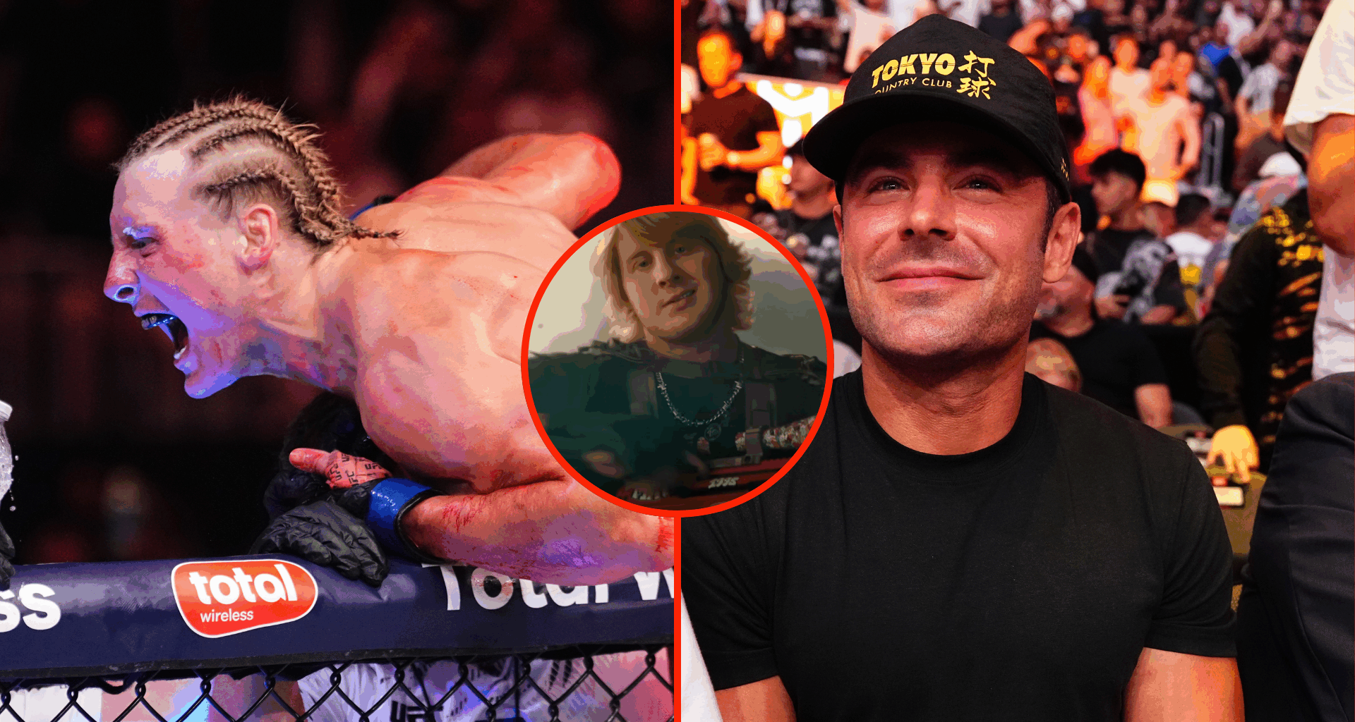 Split image of Paddy Pimblett celebrating Michael Chandler win, Zac Efron at UFC 314, with inset of Paddy Pimblett in Battlefield 6 trailer