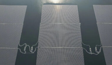The floating panels of a solar power plant at Cirata Dam in Purwakarta regency, West Java, are seen from above on Sept. 26, 2023.