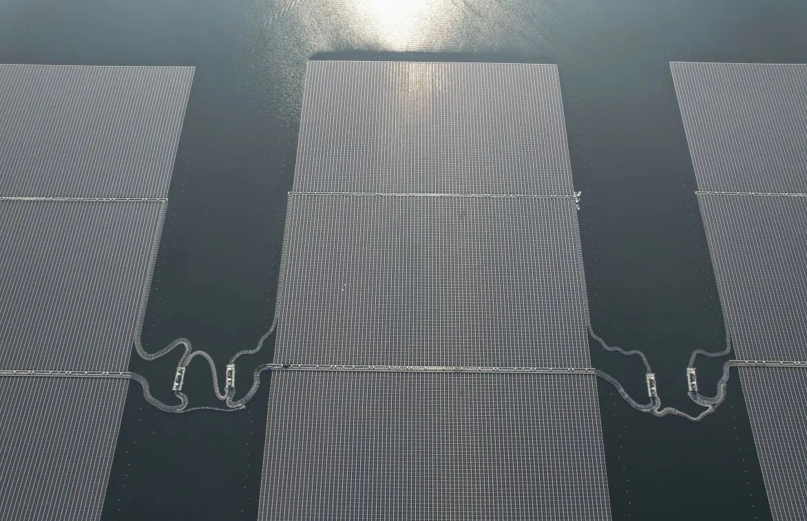 The floating panels of a solar power plant at Cirata Dam in Purwakarta regency, West Java, are seen from above on Sept. 26, 2023.