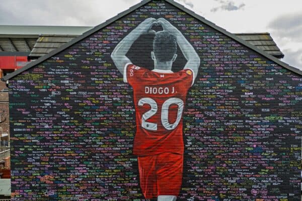 LIVERPOOL, ENGLAND - Friday, August 8, 2025: An aerial view of a mural dedicated to Liverpool's number 20 Diogo Jota. The mural was painted in tribute to the Liverpool player who died in a car crash in July and has been adorned with messages written by supporters. (Photo by David Rawcliffe/Propaganda)