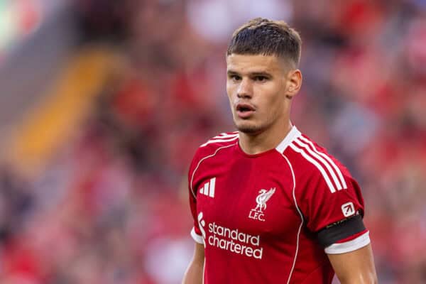 LIVERPOOL, ENGLAND - Friday, August 15, 2025: Liverpool's Milos Kerkez during the FA Premier League match between Liverpool FC and AFC Bournemouth at Anfield. Liverpool won 4-2. (Photo by David Rawcliffe/Propaganda)