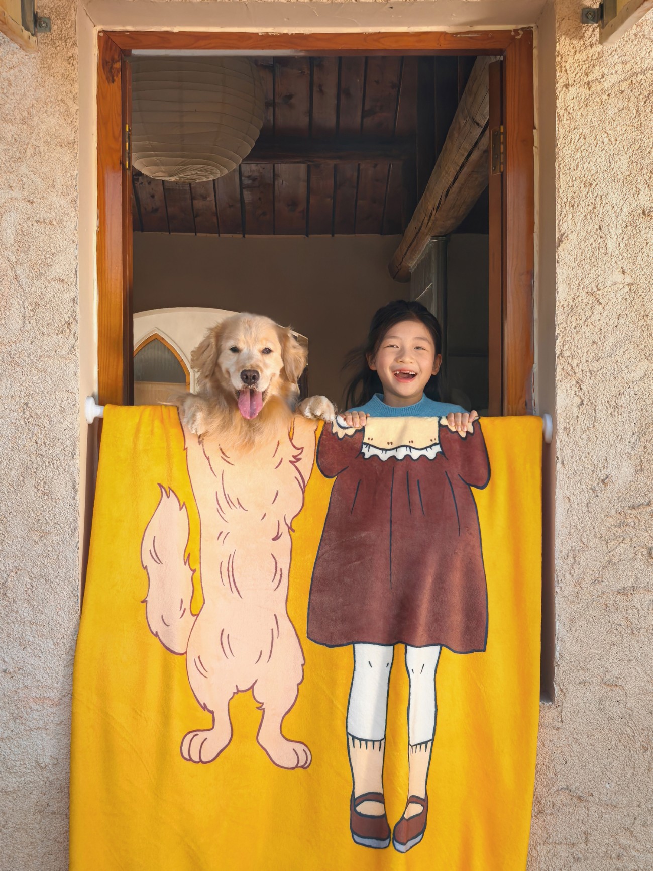 Creative portrait of dog and little girl