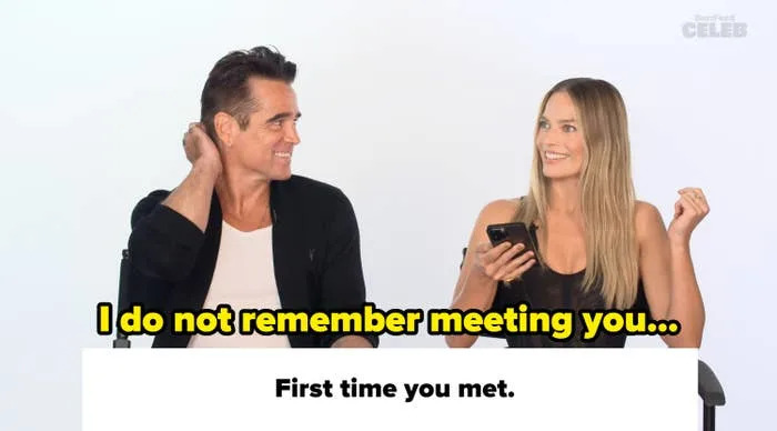 Two people sitting, one holding a phone. Caption reads "First time you met." They appear to be engaged in a friendly conversation