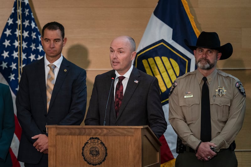 Governor Spencer Cox of Utah speaks at a news conference announcing the arrest of a suspect in connection with the fatal shooting of Charlie Kirk. Photograph: Loren Elliott/The New York Times
                      