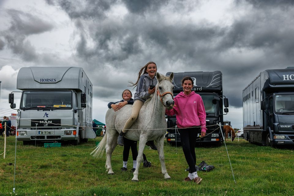 Faye Warren, Alanna Dillon, Clodagh Murphy with their pony Gerry at the National Ploughing Championships in Screggan, Tullamore, Co. Offaly. Pic:Mark Condren