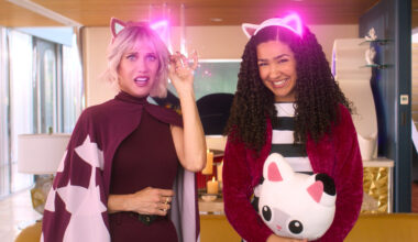 (from left) Vera the Cat Lady (Kristen Wiig) and Gabby (Laila Lockhart Kraner) in DreamWorks Animation’s Gabby’s Dollhouse: The Movie, directed by Ryan Crego.