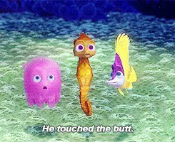 Three animated sea creatures look surprised; subtitles read: "He touched the butt."